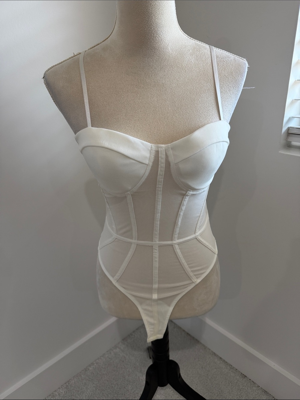 White Structured Corset-Style Bodysuit with Adjustable Straps